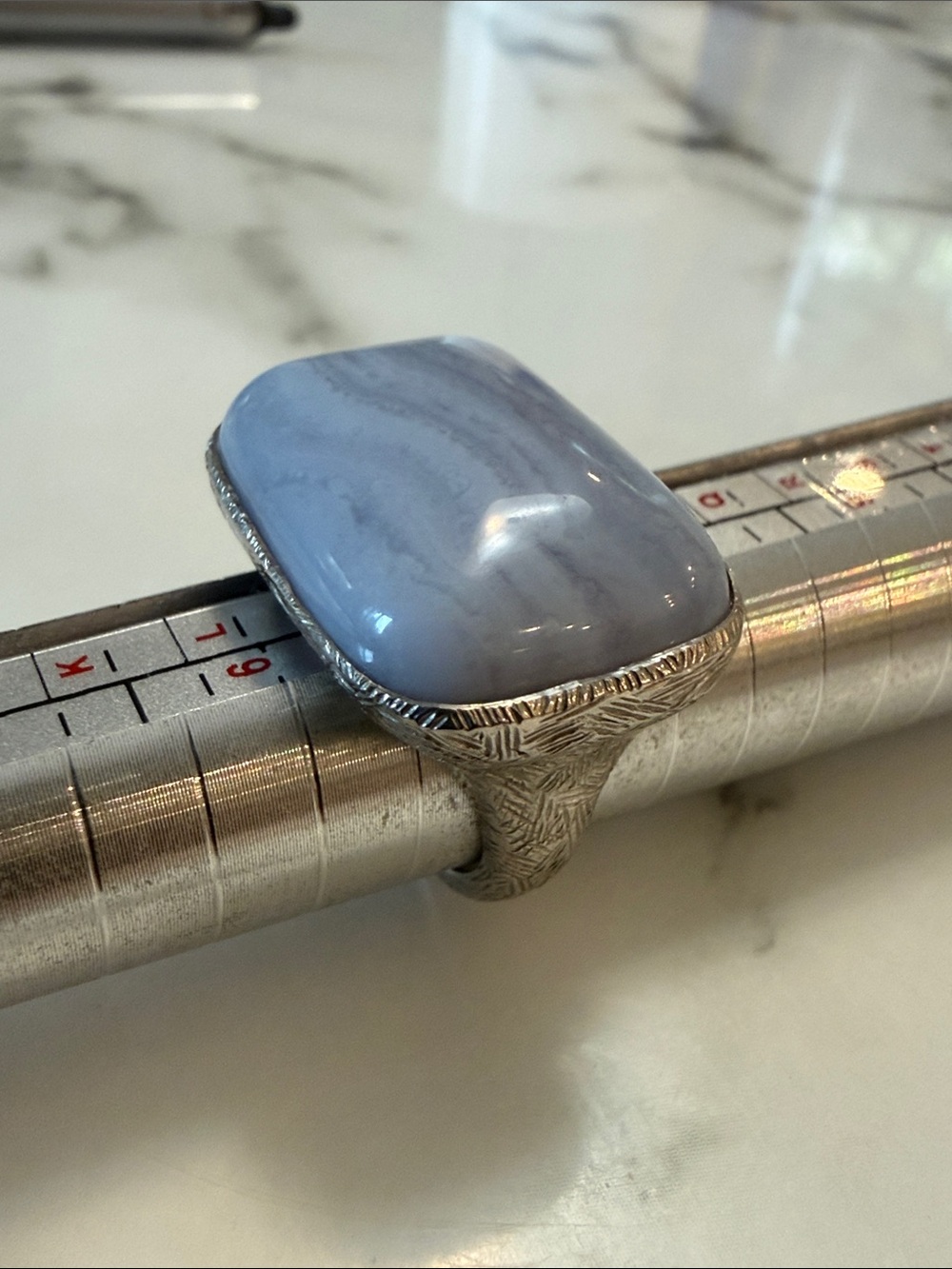Silver and blue agate ring, size 6.5-7